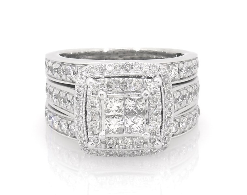 Main Image 1 of Previously Owned Princess-Cut Quad Diamond Bridal Set 1-7/8 ct tw 14K White Gold Size 6.75