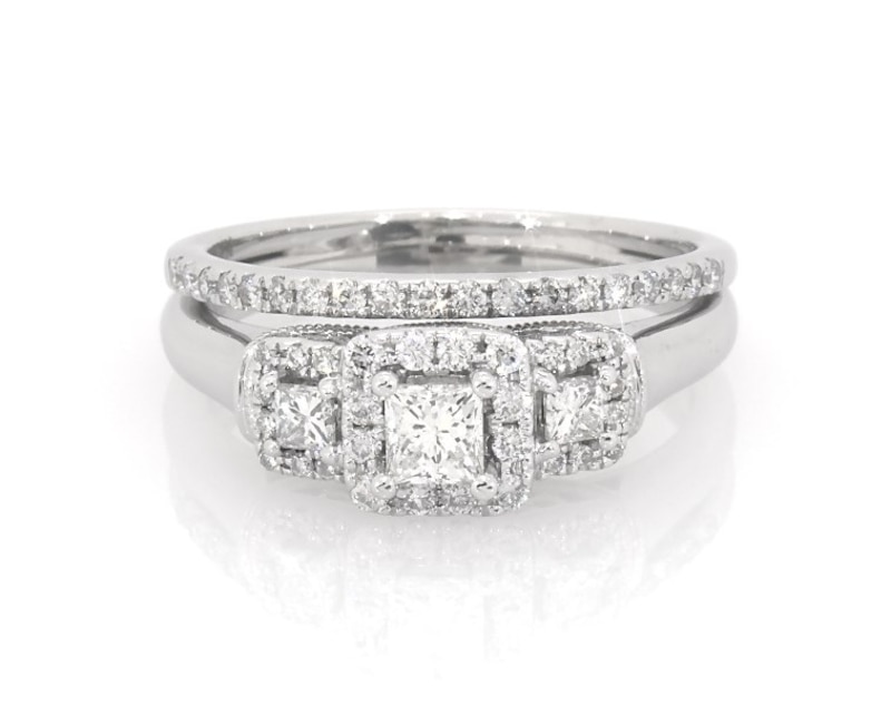 Main Image 1 of Previously Owned Princess-Cut Diamond Three-Stone Halo Bridal Set 7/8 ct tw 14K White Gold Size 9