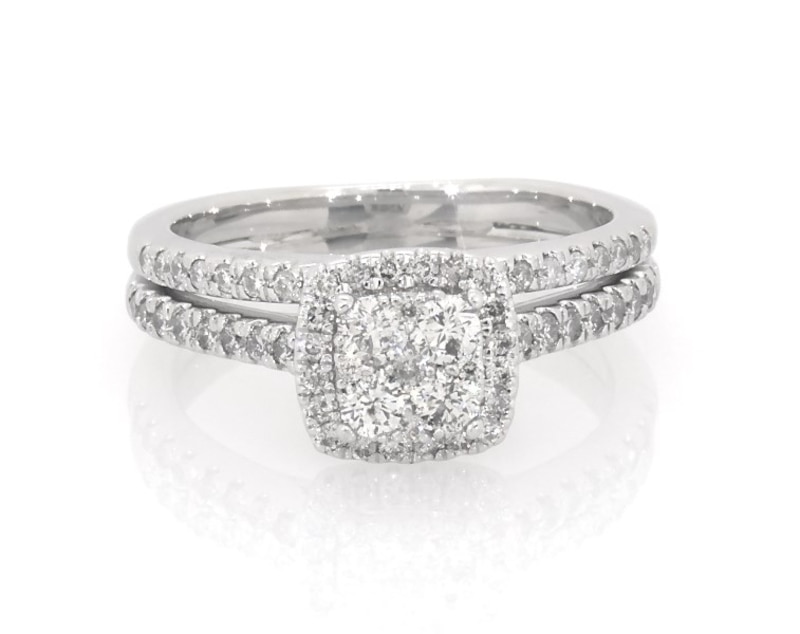 Main Image 1 of Previously Owned Multi-Diamond Cushion Halo Bridal Set 1/2 ct tw 10K White Gold Size 6
