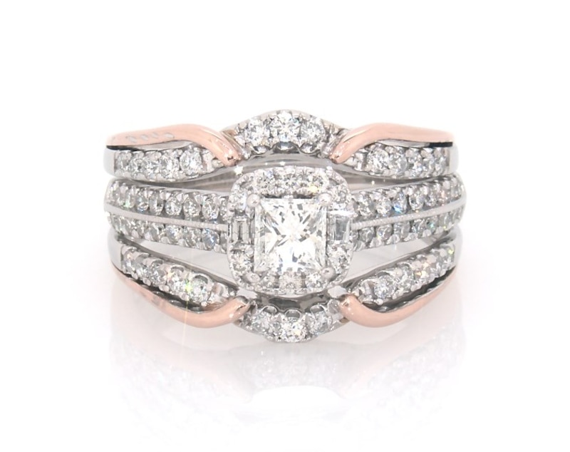 Main Image 1 of Previously Owned Princess-Cut Diamond Halo Bridal Set 1 ct tw 14K Two-Tone Gold Size 6