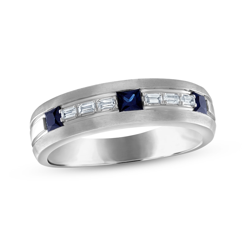 Main Image 1 of Previously Owned Men's Square-Cut Blue Sapphire & Baguette-Cut Diamond Wedding Band 1/8 ct tw 10K White Gold