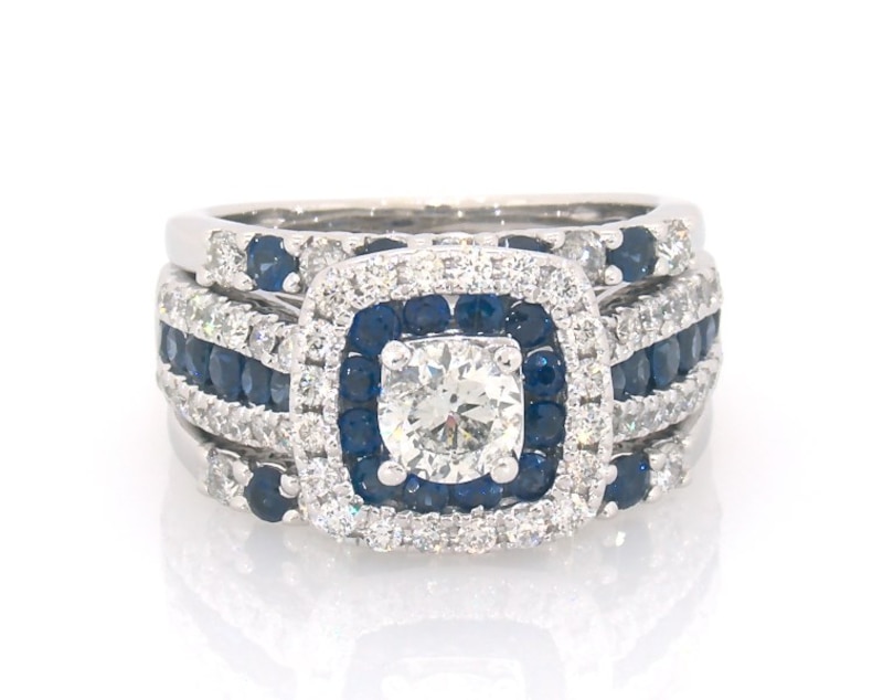 Main Image 1 of Previously Owned Round-Cut Diamond & Blue Sapphire Bridal Set 1 ct tw 10K White Gold Size 5