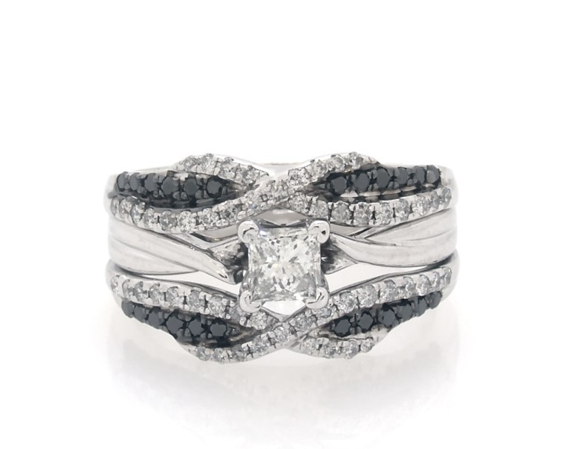 Main Image 1 of Previously Owned Princess-Cut White & Black Diamond Bridal Set 7/8 ct tw 14K White Gold Size 6.25