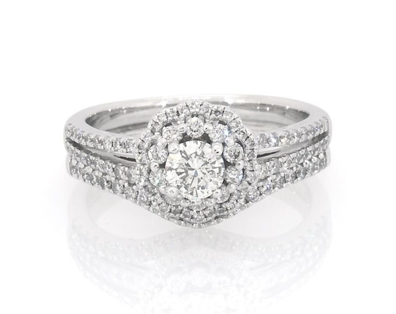 Previously Owned Adrianna Papell Round-Cut Diamond Double Halo Bridal Set 7/8 ct tw 14K White Gold Size 7