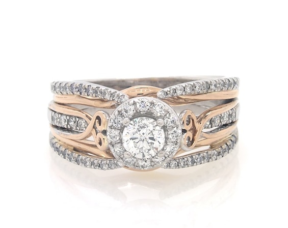 Previously Owned Round-Cut Diamond Halo Bridal Set 1 ct tw 14K Two-Tone Gold Size 9
