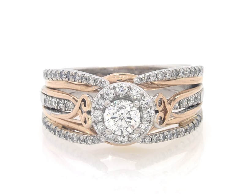 Main Image 1 of Previously Owned Round-Cut Diamond Halo Bridal Set 1 ct tw 14K Two-Tone Gold Size 9
