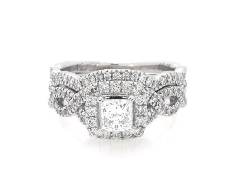 Main Image 1 of Previously Owned Neil Lane Princess-Cut Diamond Halo Bridal Set 1-1/8 ct tw 14K White Gold Size 5.25