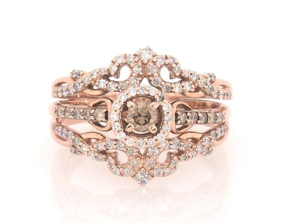 Previously Owned Round-Cut Brown Diamond Bridal Set 3/4 ct tw 14K Rose Gold Size 8.75