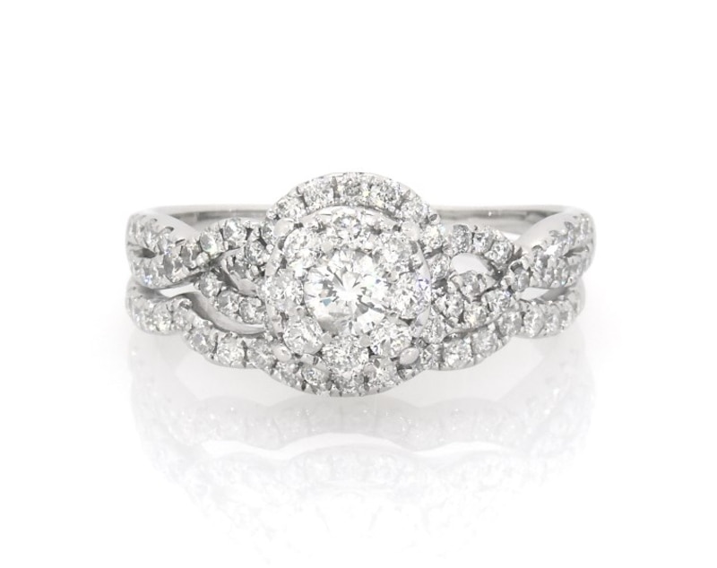 Main Image 1 of Previously Owned Round-Cut Diamond Halo Bridal Set 1-1/5 ct tw 14K White Gold Size 9.5