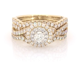 Previously Owned THE LEO Diamond Round-Cut Double Halo Bridal Set 1-3/8 ct tw 14K Two-Tone Gold Size 8.5