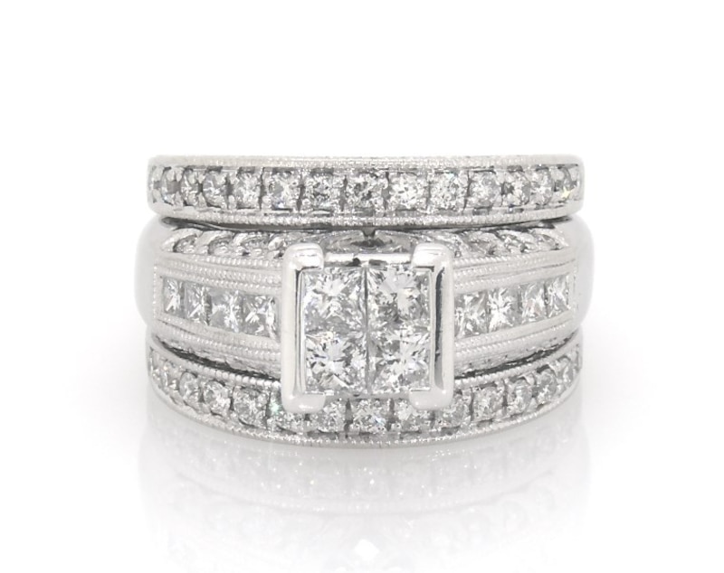 Main Image 1 of Previously Owned Princess-Cut Quad Diamond Bridal Set 1-3/8 ct tw 14K White Gold Size 5