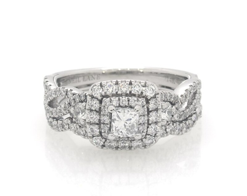 Main Image 1 of Previously Owned Neil Lane Princess-Cut Diamond Double Halo Bridal Set 1-1/5 ct tw 14K White Gold Size 6.75
