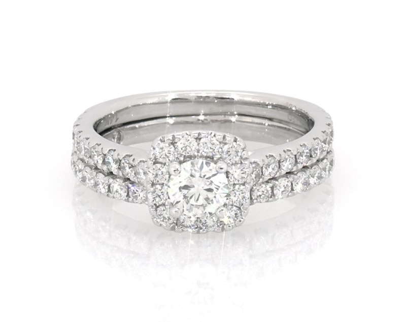 Main Image 1 of Previously Owned Round-Cut Diamond Cushion Halo Bridal Set 1 ct tw 14K White Gold Size 5.75