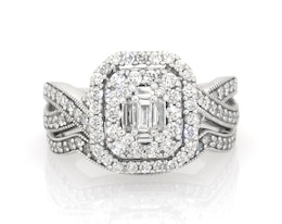 Previously Owned Baguette-Cut Diamond Double Halo Bridal Set 1-1/8 ct tw 14K White Gold Size 7.25