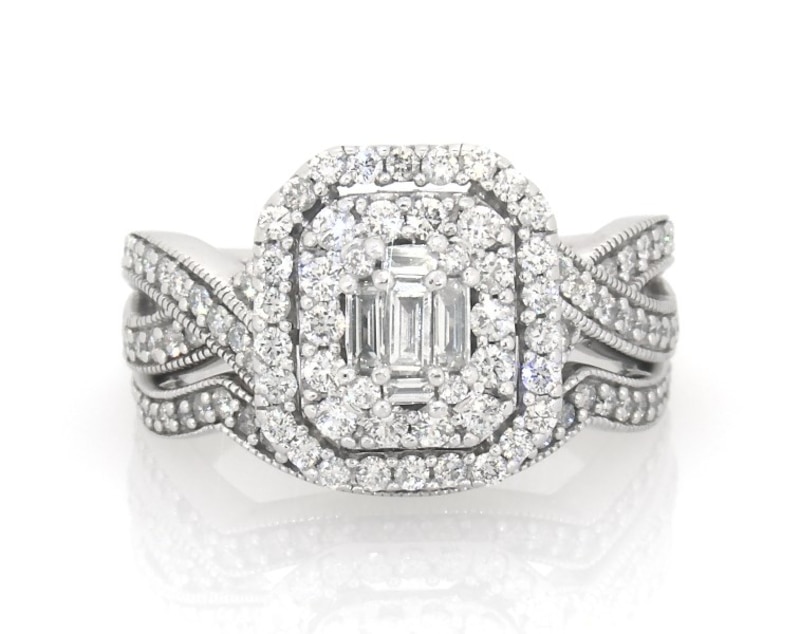 Main Image 1 of Previously Owned Baguette-Cut Diamond Double Halo Bridal Set 1-1/8 ct tw 14K White Gold Size 7.25