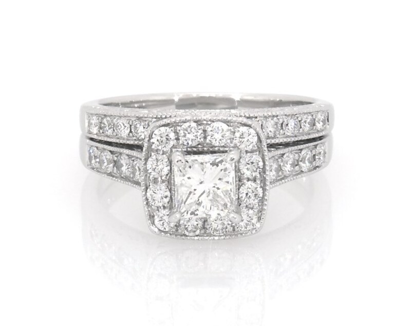 Main Image 1 of Previously Owned Princess-Cut Diamond Bridal Set 1-1/2 ct tw 14K White Gold Size 7.25