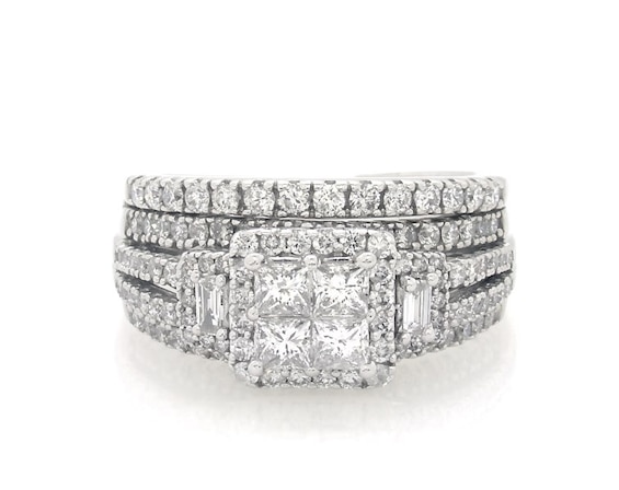 Previously Owned Princess-Cut Diamond Three-Stone Bridal Set 1-5/8 ct tw 14K White Gold Size 7