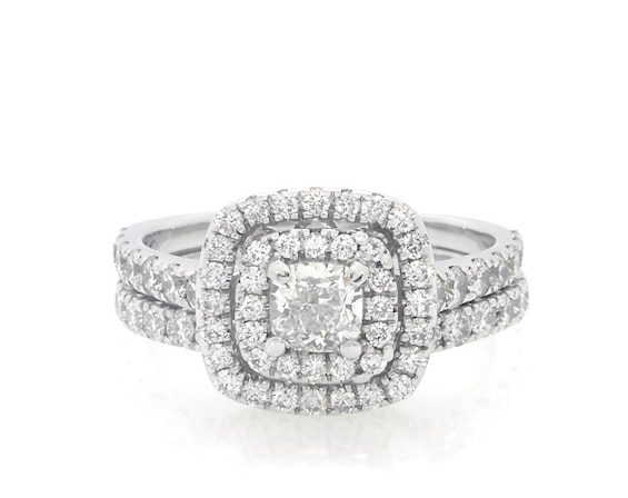 Previously Owned Neil Lane Cushion-Cut Diamond Double Halo Bridal Set 1-1/2 ct tw 14K White Gold Size 6.25