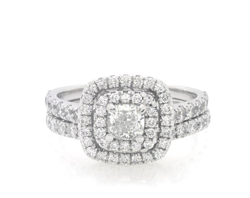 Main Image 1 of Previously Owned Neil Lane Cushion-Cut Diamond Double Halo Bridal Set 1-1/2 ct tw 14K White Gold Size 6.25