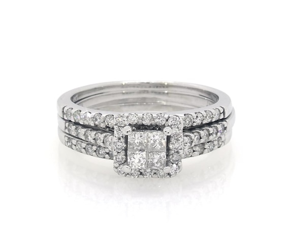 Previously Owned Princess-Cut Quad Diamond Halo Bridal Set 3/4 ct tw 14K White Gold Size 6.5