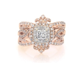 Previously Owned Princess-Cut Diamond Halo Fleur-de-Lis Bridal Set 1-1/6 ct tw 14K Two-Tone Gold Size 5.5