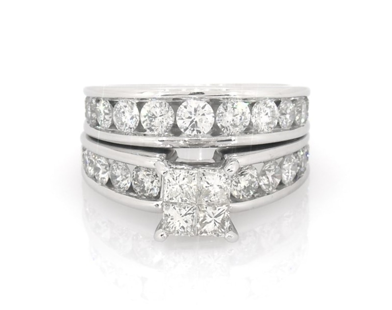 Main Image 1 of Previously Owned Princess-Cut Quad Diamond Bridal Set 3 ct tw 14K White Gold Size 6.75