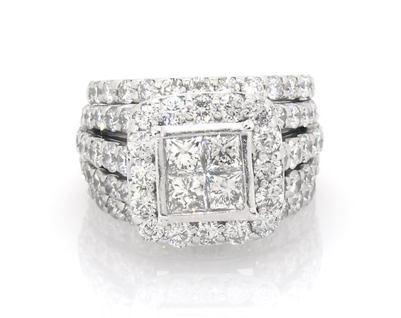Previously Owned Princess-Cut Quad Diamond Halo Bridal Set 3-7/8 ct tw 14K White Gold Size