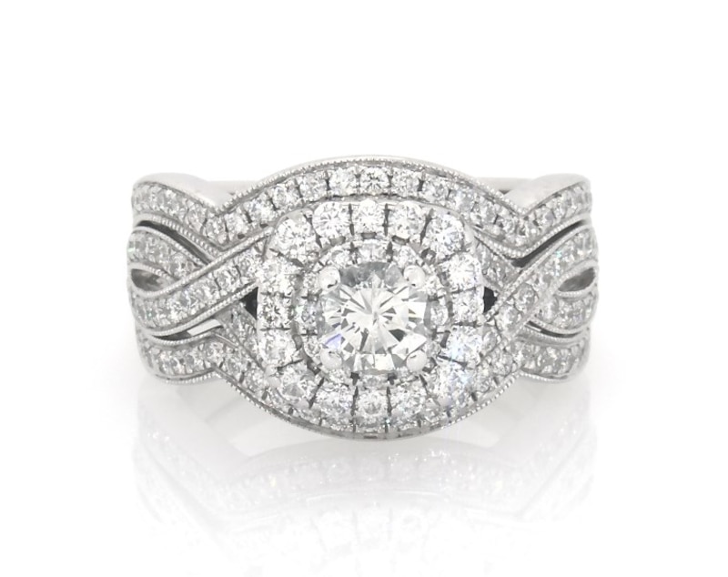 Main Image 1 of Previously Owned Neil Lane Round-Cut Diamond Double Halo Bridal Set 1-1/2 ct tw 14K White Gold Size 4.5