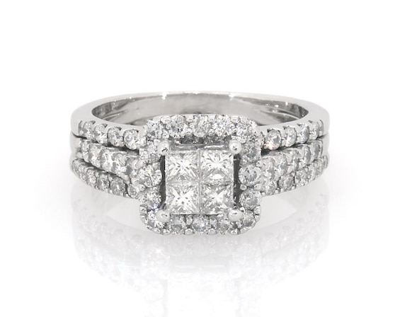 Previously Owned Princess-Cut Quad Diamond Halo Bridal Set 1-3/8 ct tw 10K White Gold Size 7.5