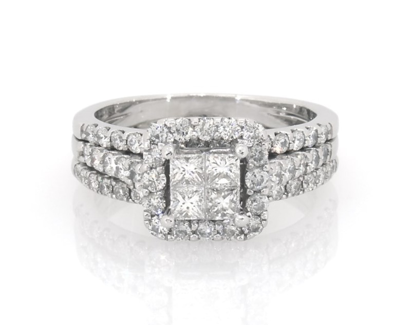 Main Image 1 of Previously Owned Princess-Cut Quad Diamond Halo Bridal Set 1-3/8 ct tw 10K White Gold Size 7.5