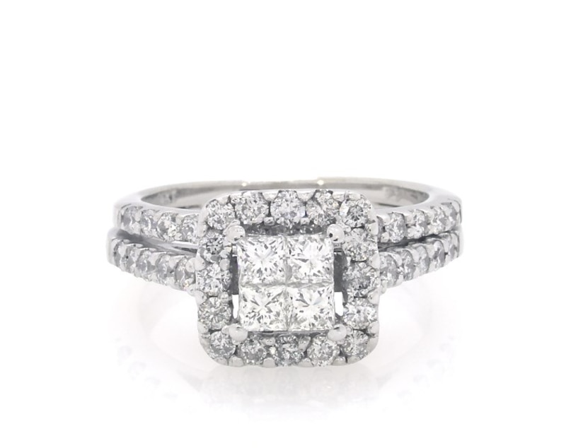 Main Image 1 of Previously Owned Princess-Cut Quad Diamond Halo Bridal Set 1-1/5 ct tw 14K White Gold Size 5.5