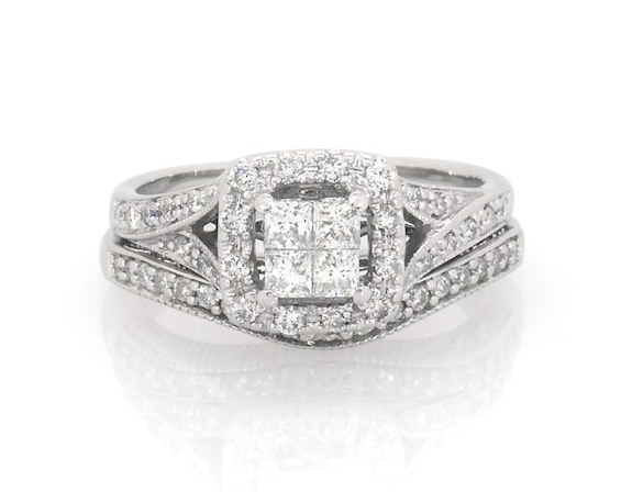 Previously Owned Princess-Cut Quad Diamond Halo Bridal Set 5/8 ct tw 14K White Gold Size 6