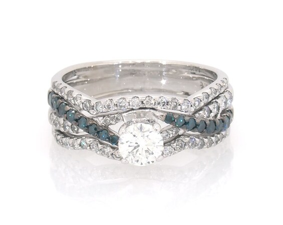 Previously Owned Round-Cut White & Blue Diamond Bridal Set 1 ct tw 14K White Gold Size 5.5