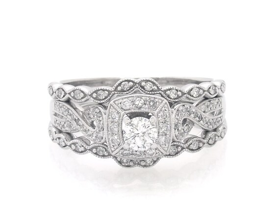 Previously Owned Round-Cut Diamond Bridal Set 3/4 ct tw 10K & 14K White Gold Size 10