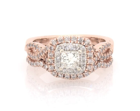 Previously Owned Princess-Cut Diamond Double Halo Bridal Set 7/8 ct tw 14K Two Tone Gold Size 5.5