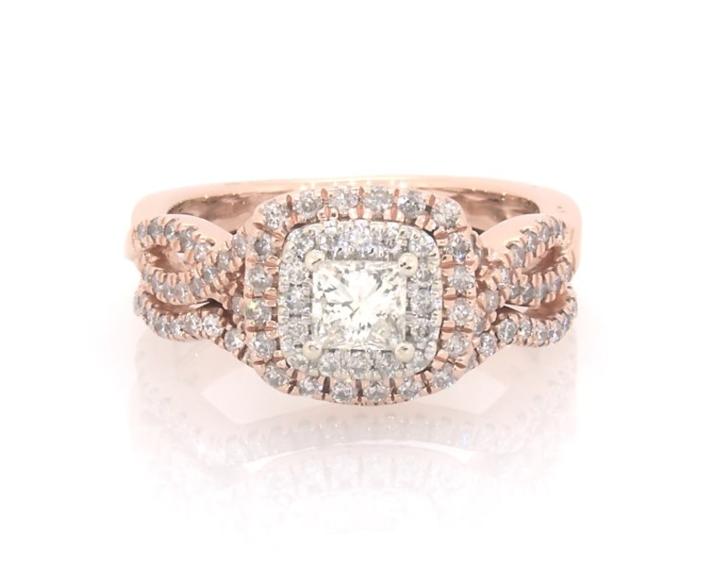 Main Image 1 of Previously Owned Princess-Cut Diamond Double Halo Bridal Set 7/8 ct tw 14K Two Tone Gold Size 5.5