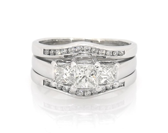 Previously Owned Princess-Cut Three-Stone Diamond Bridal Set 1-1/5 ct tw 14K White Gold & Platinum Size 7
