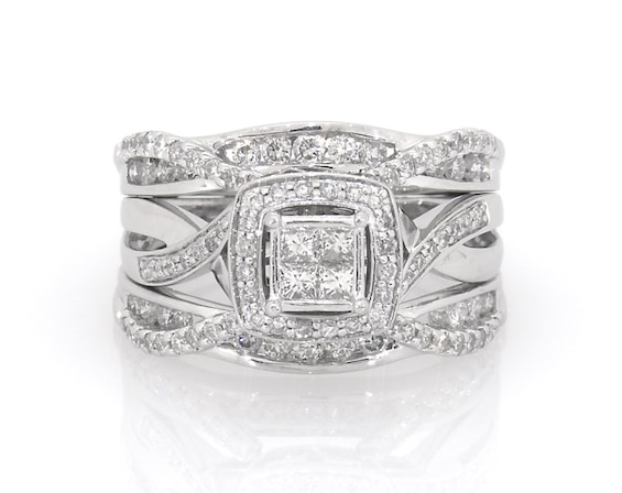 Previously Owned Princess-Cut Quad Diamond Halo Bridal Set 1 ct tw 14K White Gold Size 7.5