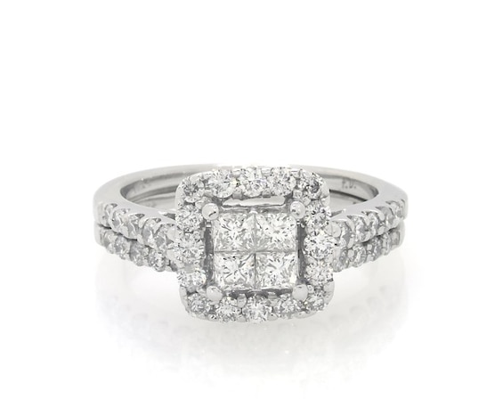 Previously Owned Princess-Cut Quad Diamond Halo Bridal Set 1-1/5 ct tw 14K White Gold Size