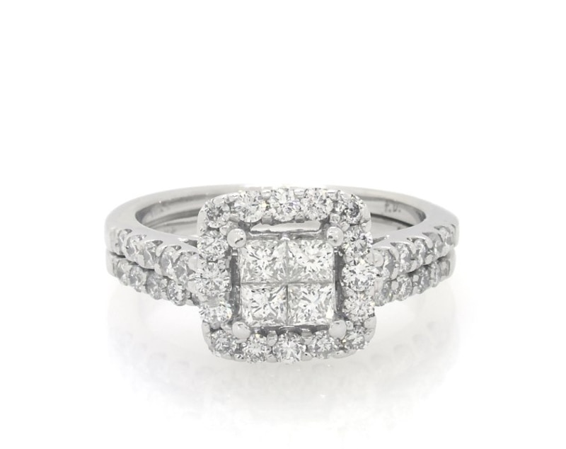 Main Image 1 of Previously Owned Princess-Cut Quad Diamond Halo Bridal Set 1-1/5 ct tw 14K White Gold Size 6