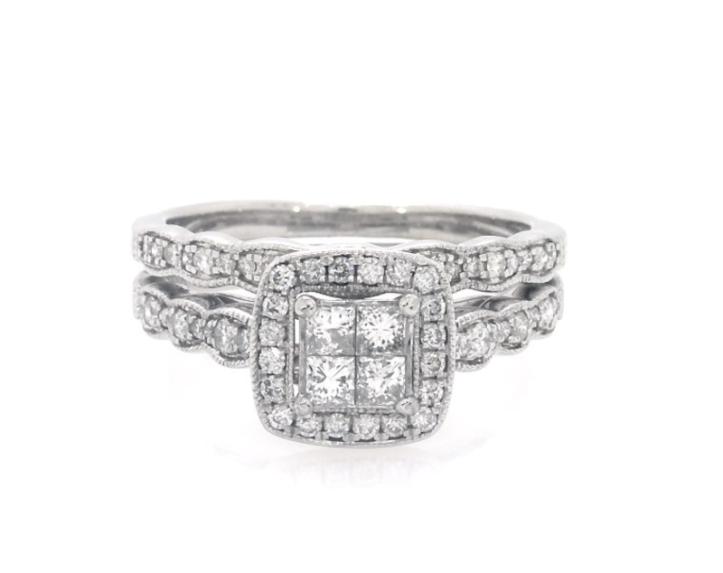 Main Image 1 of Previously Owned Princess-Cut Quad Diamond Bridal Set 3/4 ct tw 14K White Gold Size 7.5