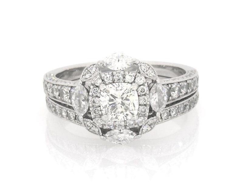 Main Image 1 of Previously Owned Neil Lane Studio Cushion-Cut Diamond Halo Bridal Set 1-7/8 ct tw 14K White Gold Size 6.5