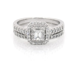 Previously Owned Emerald-Cut Diamond Double Halo Bridal Set 5/8 ct tw 10K White Gold Size 6