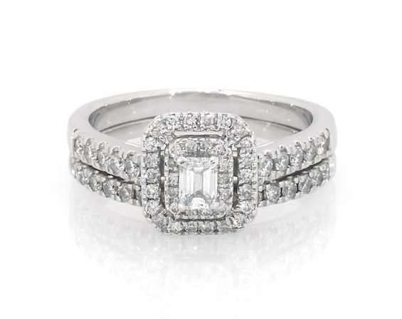 Previously Owned Emerald-Cut Diamond Double Halo Bridal Set 5/8 ct tw 10K White Gold Size 6