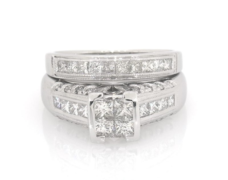 Main Image 1 of Previously Owned Princess-Cut Quad Diamond Bridal Set 1-1/3 ct tw 14K White Gold Size 7