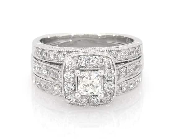 Previously Owned Princess-Cut Diamond Soldered Bridal Set 1-3/8 ct tw 14K White Gold Size 6.5