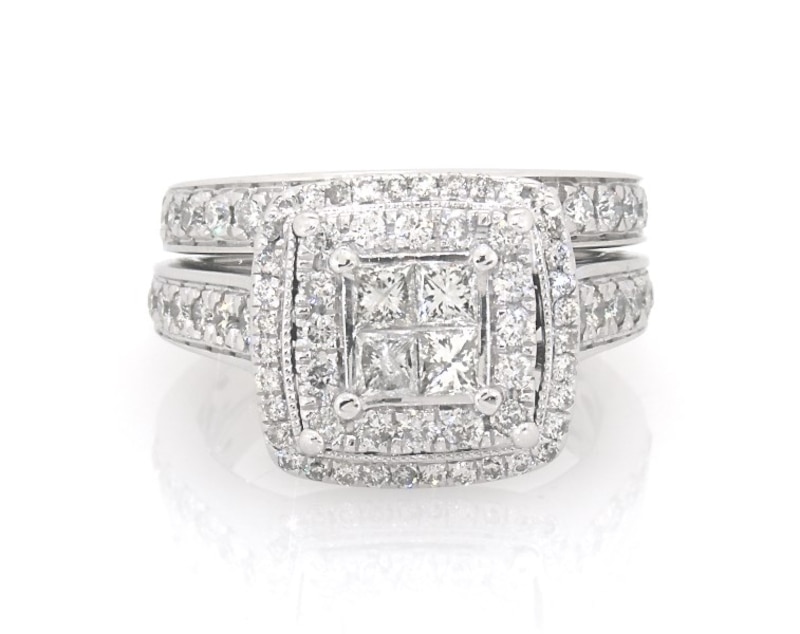 Main Image 1 of Previously Owned Princess-Cut Quad Diamond Bridal Set 1-1/2 ct tw 14K White Gold Size 6