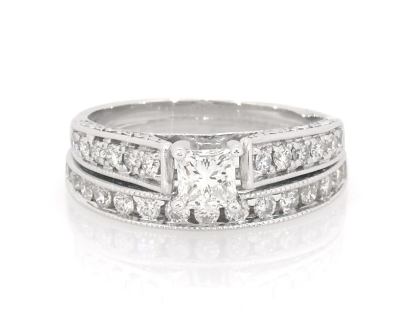 Main Image 1 of Previously Owned Princess-Cut Diamond Bridal Set 1 ct tw 14K White Gold Size 8