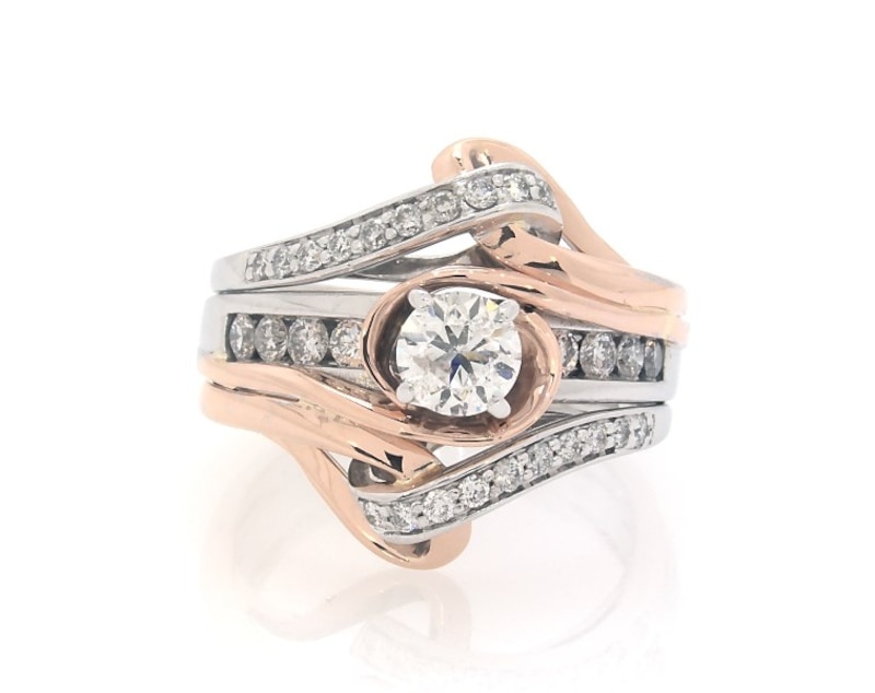 Main Image 1 of Previously Owned Round-Cut Diamond Swirl Bridal Set 7/8 ct tw 14K Two-Tone Gold Size 6