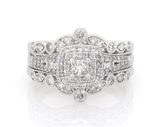 Previously Owned Princess-Cut Diamond Double Halo Bridal Set 1 ct tw 10K White Gold Size 8.5
